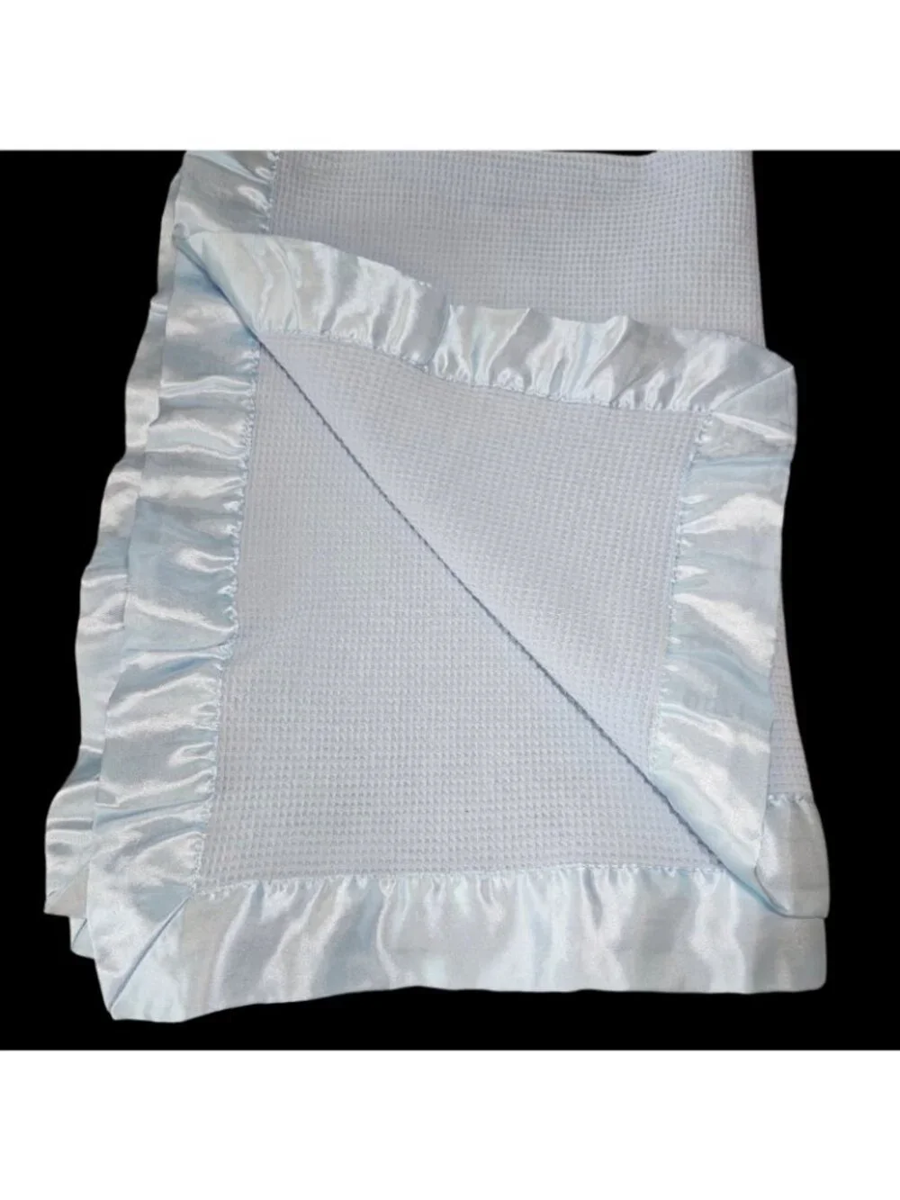 Light Blue Baby Blanket Thermal Satin Trim Waffle Weave Cotton Baby Boy